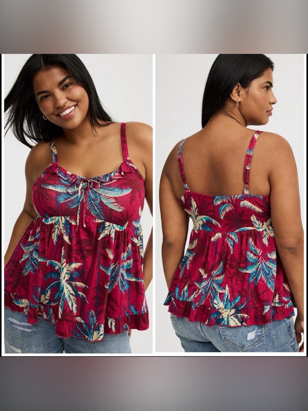 Super Soft Slub Ruffle Babydoll Top Women size 2X Tropical  Print Beachy Travel